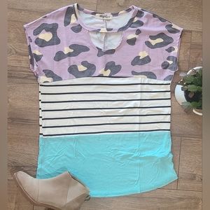 NWT'S- HAPTICS by Holly Harper - Lilac Leopard Color Block Tee, Cap Sleeves